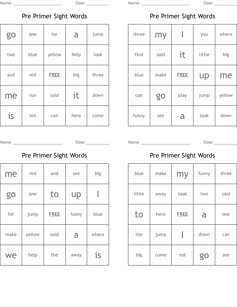 Pre Primer Sight Words Bingo Cards
