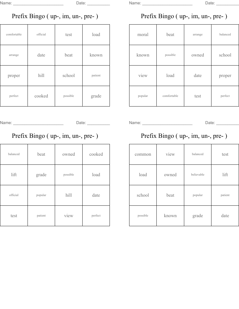Prefix Bingo ( up-, im, un-, pre- )