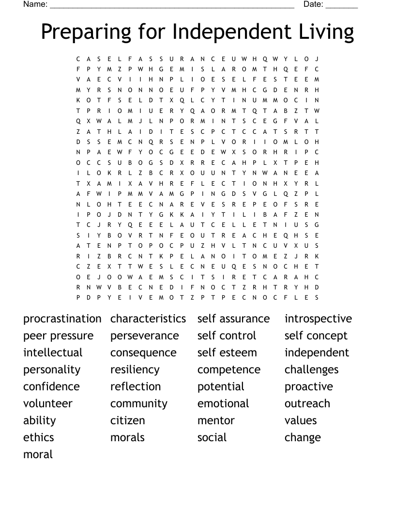 Preparing for Independent Living Word Search