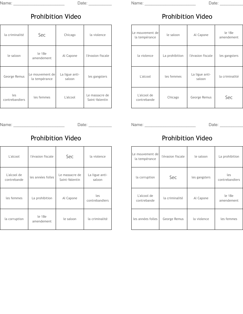 Prohibition Video Bingo Cards