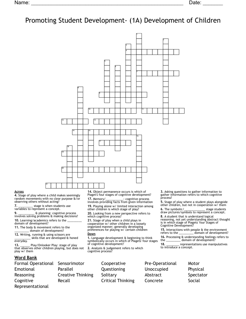 Promoting Student Development- (1A) Development of Children Crossword