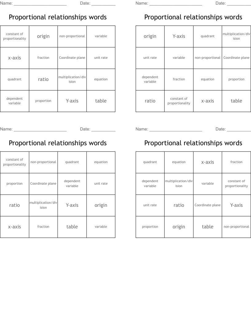 Proportional relationships words Bingo Cards