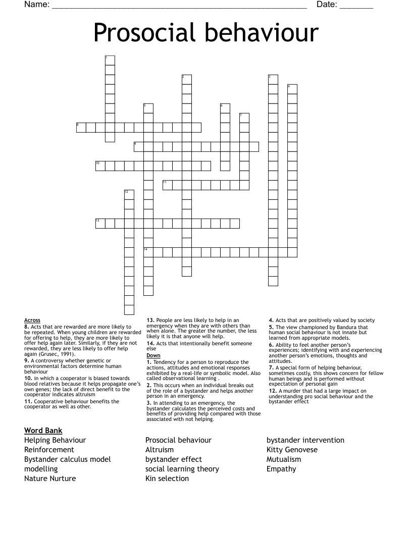 Prosocial behaviour Crossword