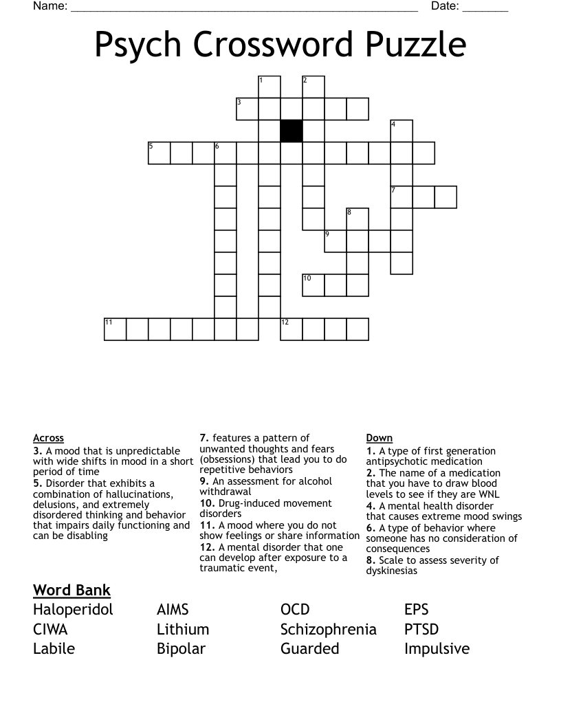 Psych Crossword Puzzle