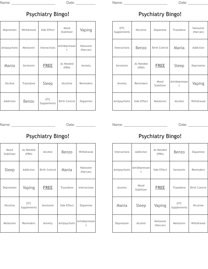 Psychiatry Bingo! 
