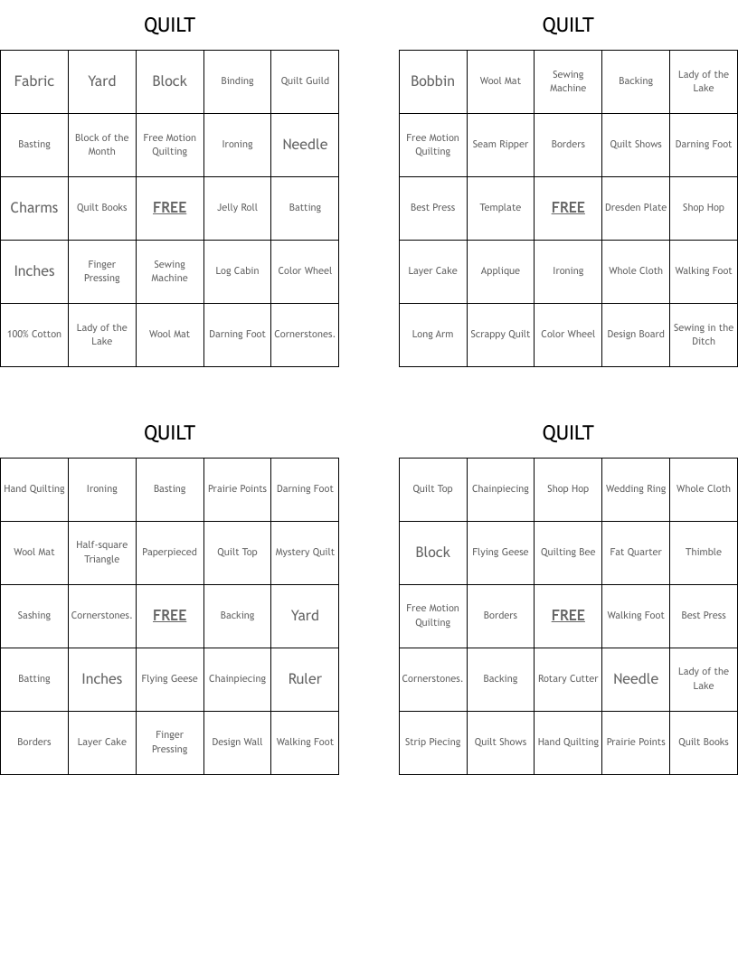 QUILT Bingo Cards