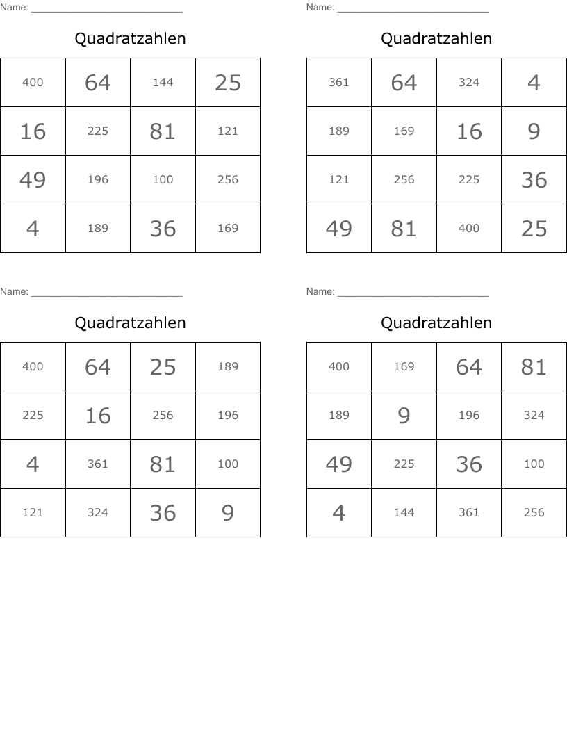 Quadratzahlen Bingo Cards