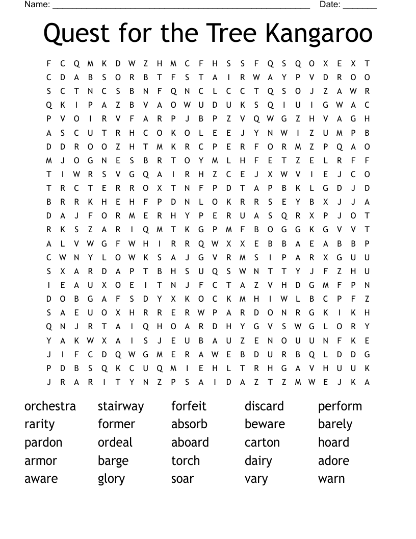 Quest for the Tree Kangaroo Word Search
