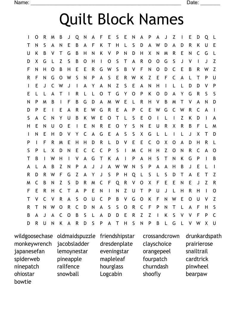 Quilt Block Names Word Search