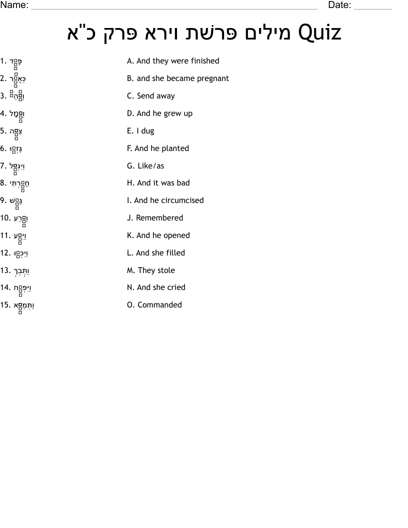              מילים פּרשׁת וירא פּרק כ"א  Quiz Worksheet