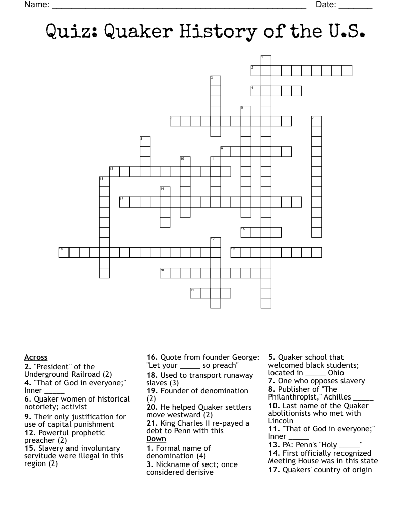 Quiz: Quaker History of the U.S.  Crossword