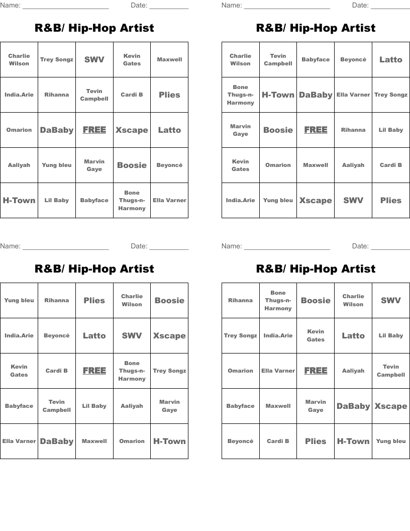 R&B/ Hip-Hop Artist Bingo Cards