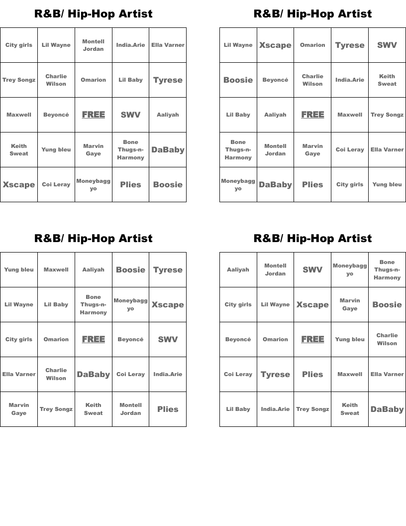R&B/ Hip-Hop Artist Bingo Cards