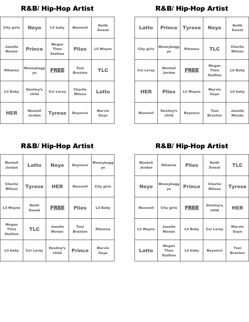 R&B/ Hip-Hop Artist Bingo Cards