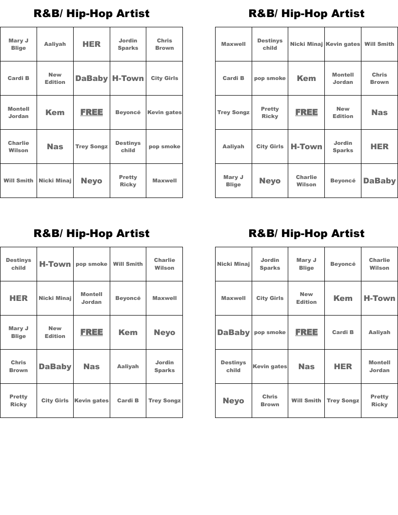 R&B/ Hip-Hop Artist Bingo Cards