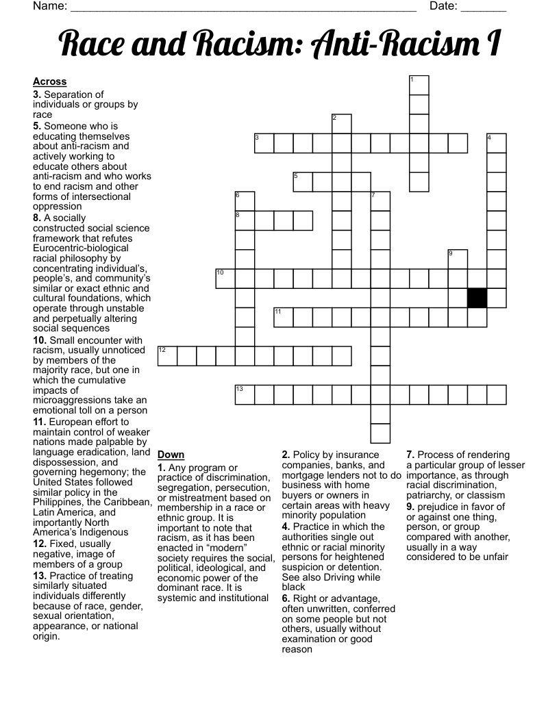 Race and Racism: Anti-Racism I Crossword