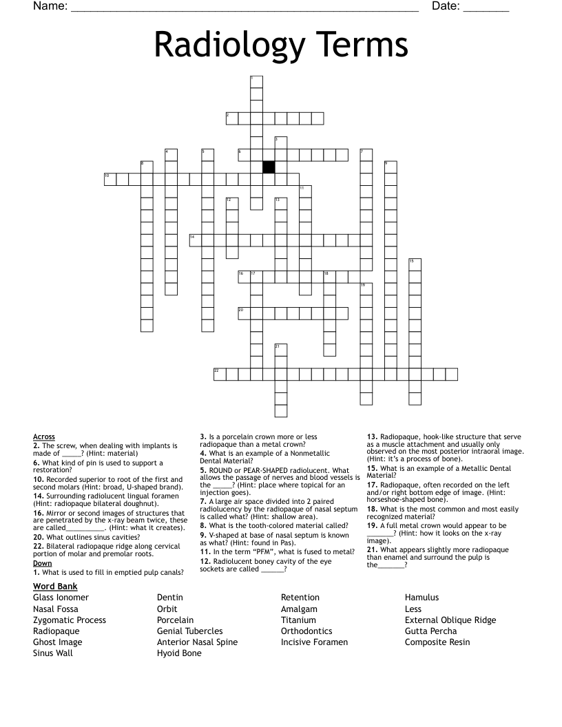Radiology Terms Crossword