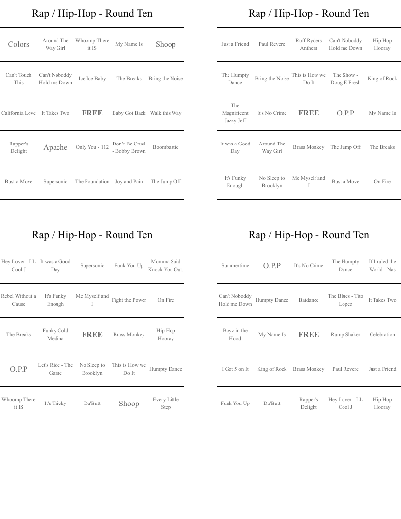 Rap / Hip-Hop - Round Ten Bingo Cards
