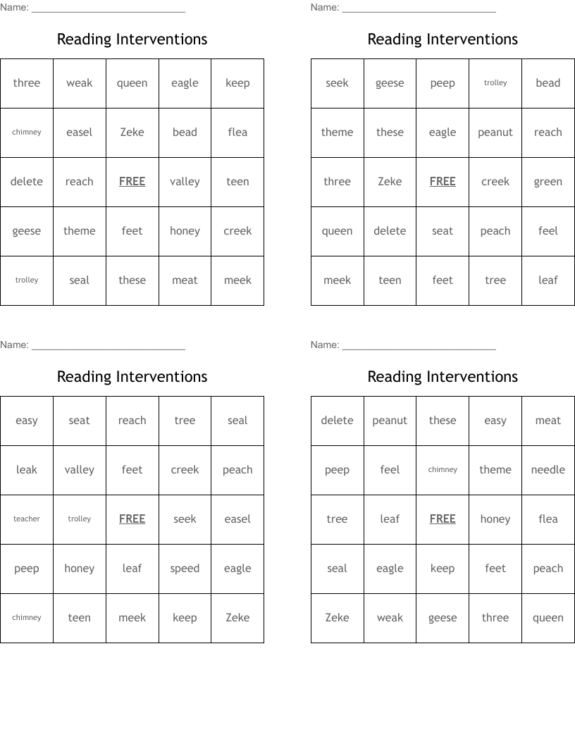 Reading Interventions Bingo Cards
