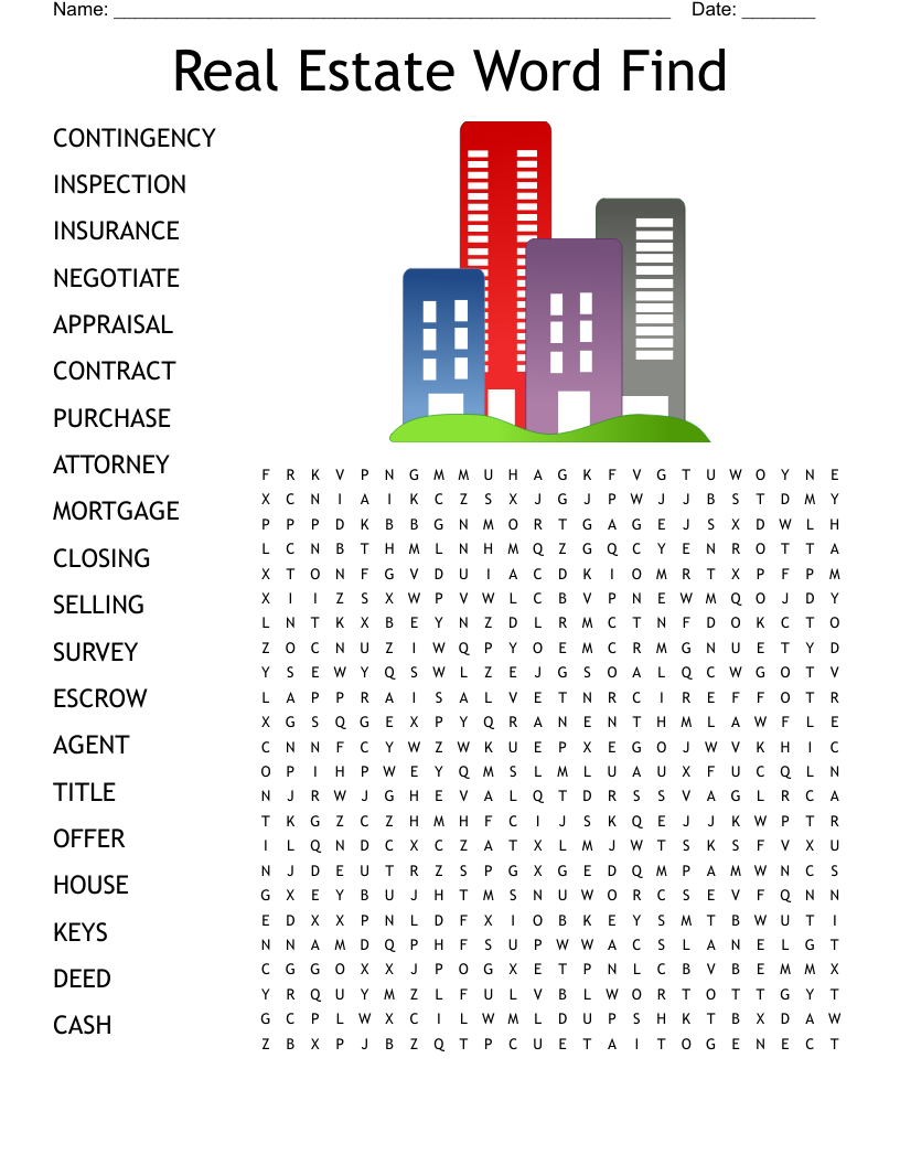 Real Estate Word Find Word Search