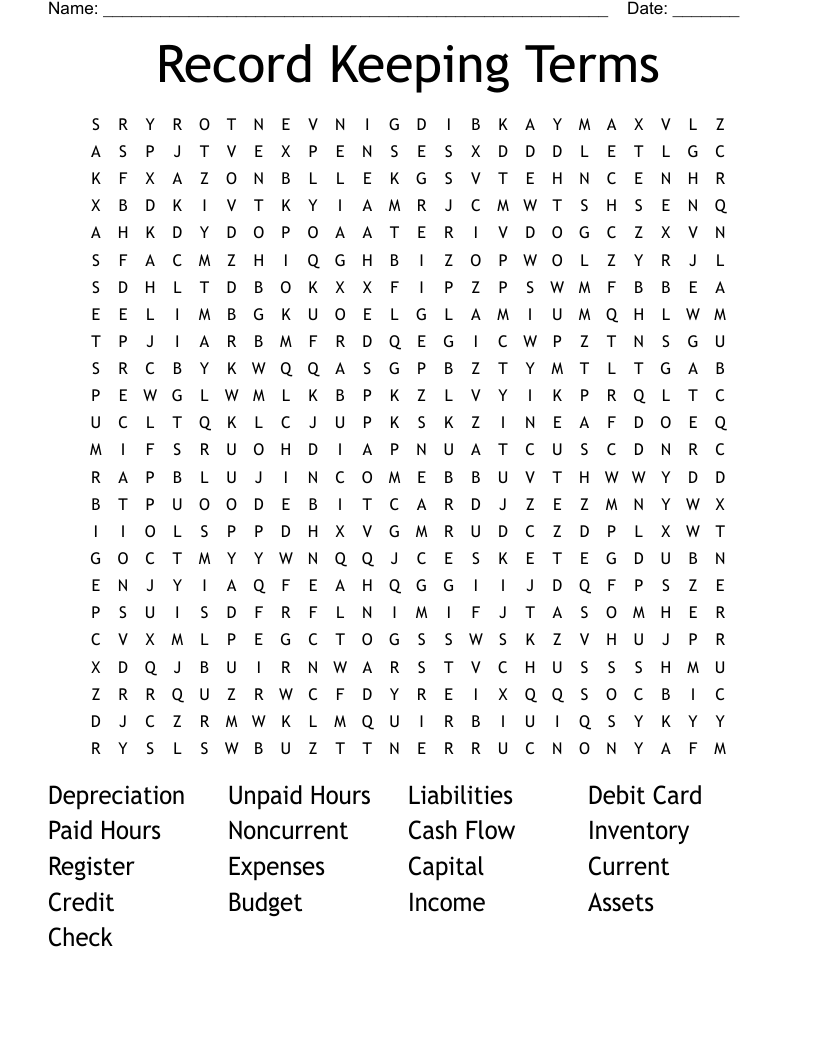 Record Keeping Terms Word Search