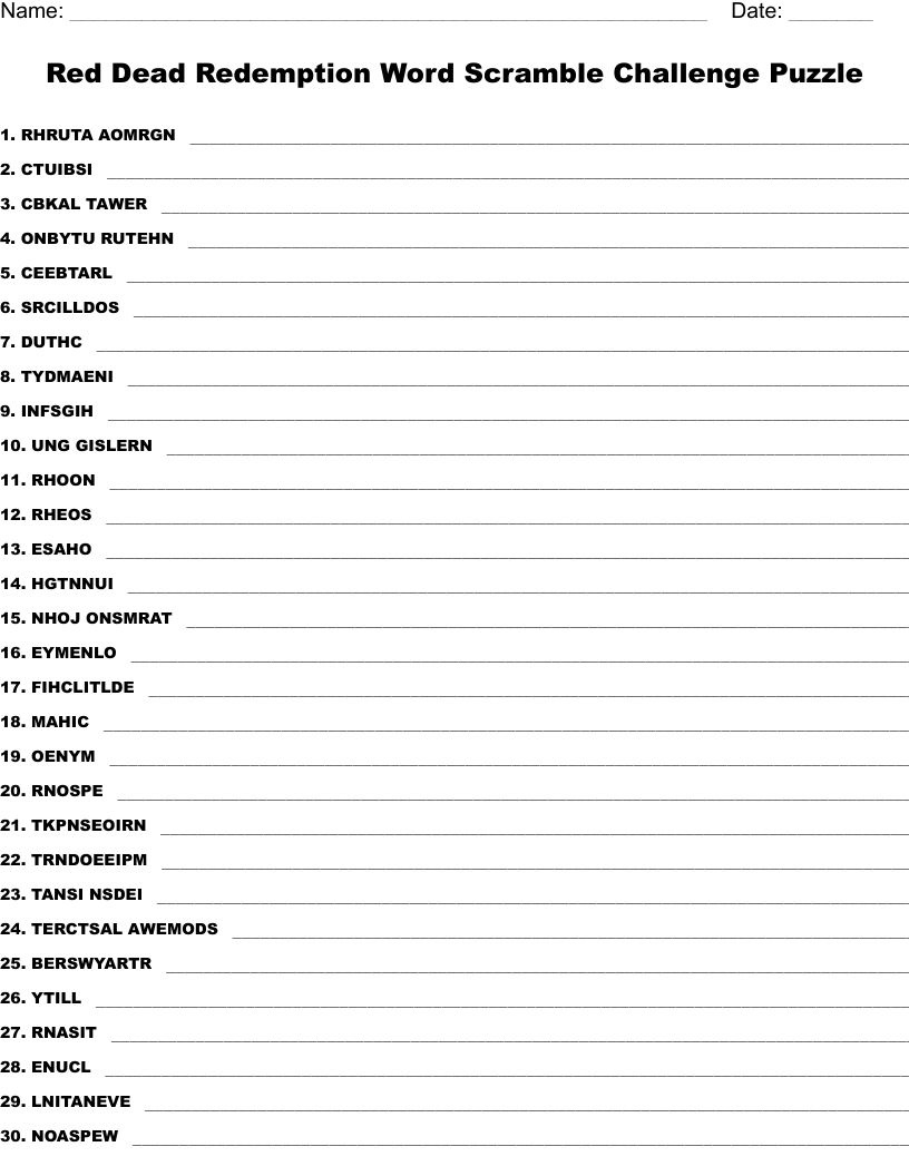 Red Dead Redemption Word Scramble Challenge Puzzle