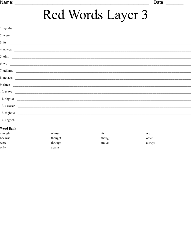 Red Words Layer 3 Word Scramble
