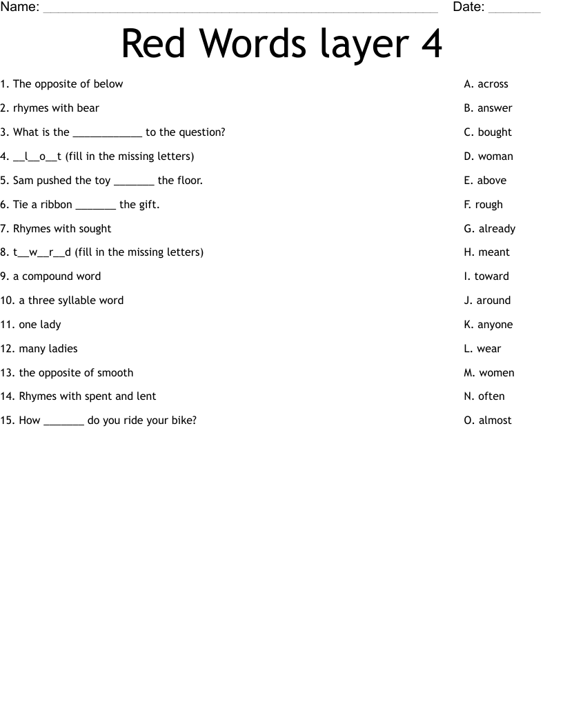 Red Words layer 4 Worksheet