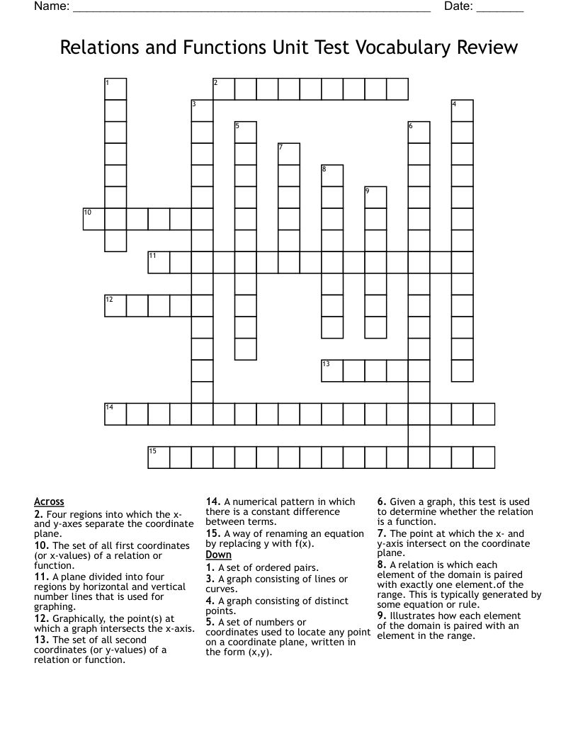Relations and Functions Unit Test Vocabulary Review Crossword