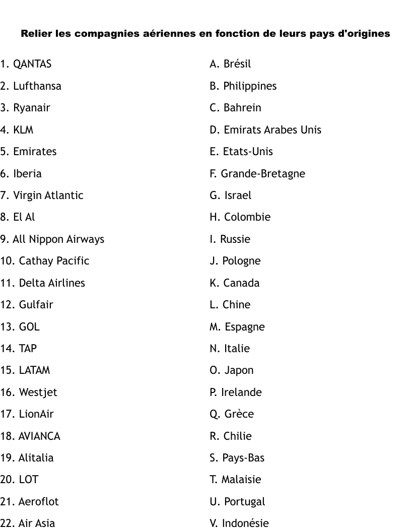 Relier les compagnies aériennes en fonction de leurs pays d'origines Worksheet