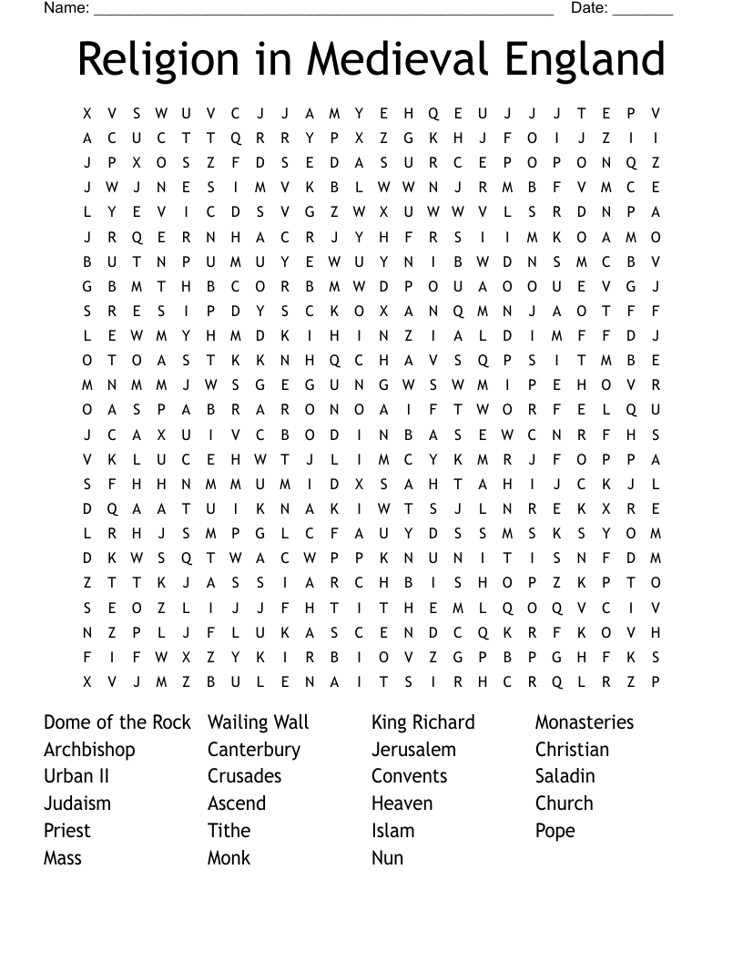 Religion in Medieval England Word Search