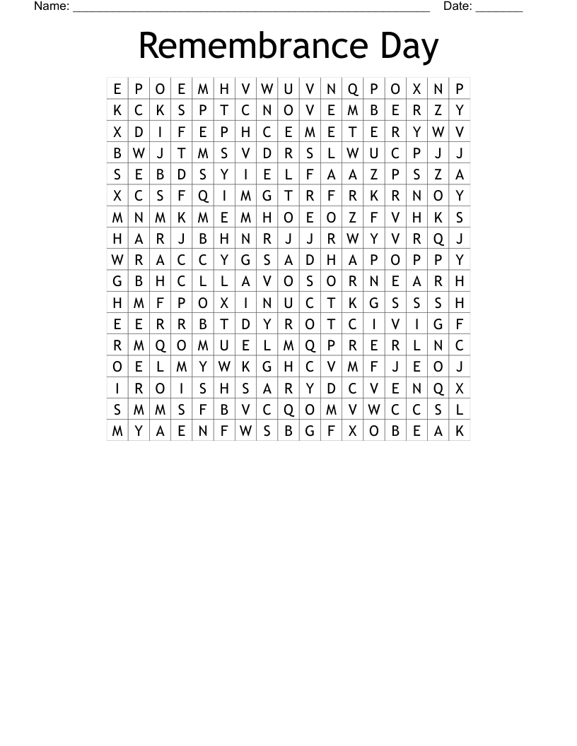 Remembrance Day Word Search