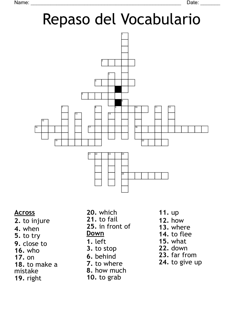 Repaso del Vocabulario Crossword