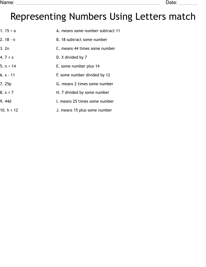 Representing Numbers Using Letters match Worksheet