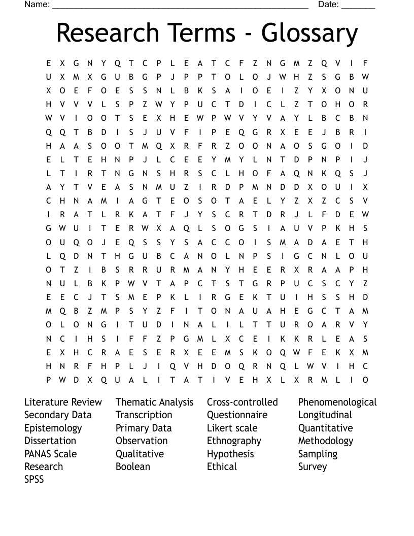 Research Terms - Glossary  Word Search