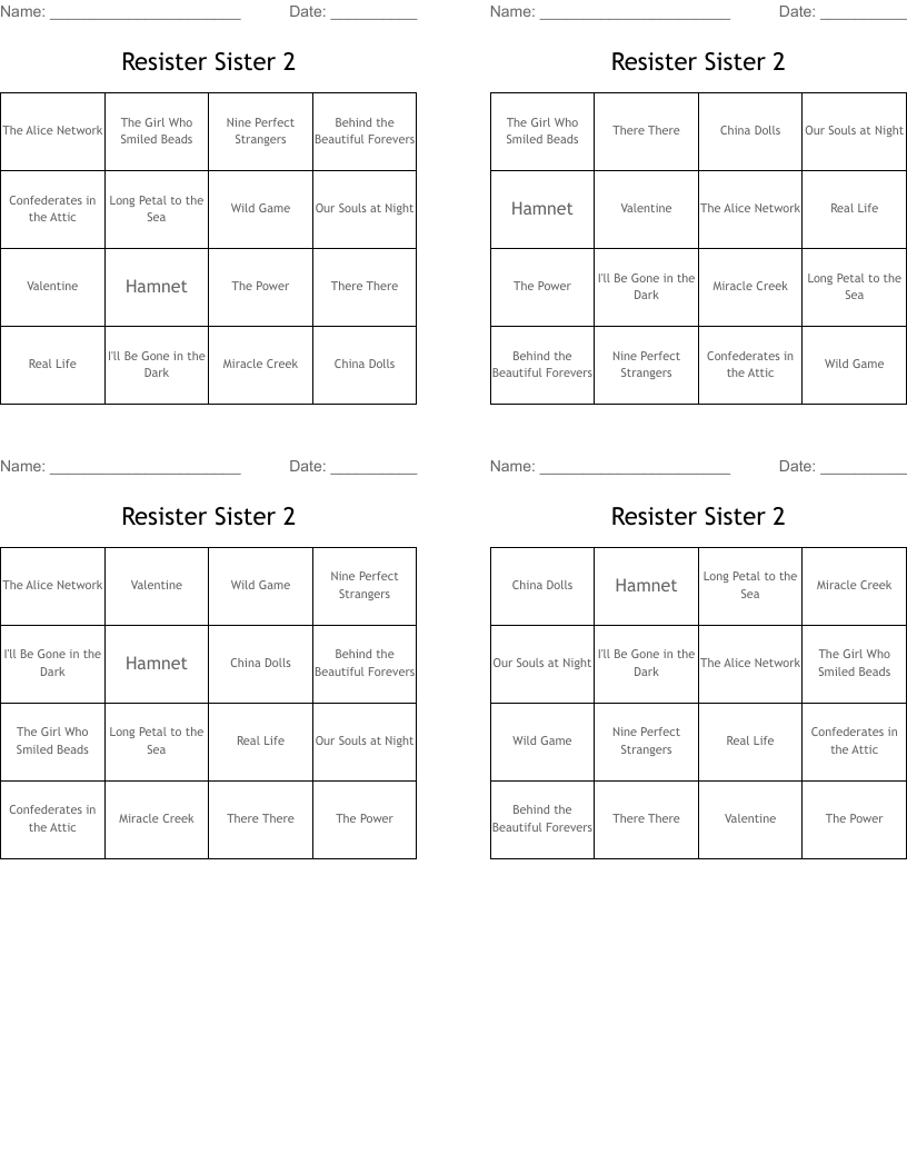 Resister Sister 2 Bingo Cards