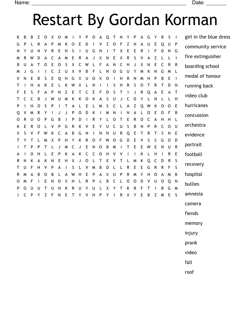 Restart By Gordan Korman Word Search