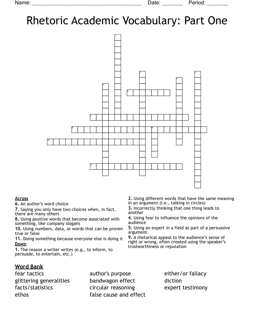 Rhetoric Academic Vocabulary: Part One Crossword