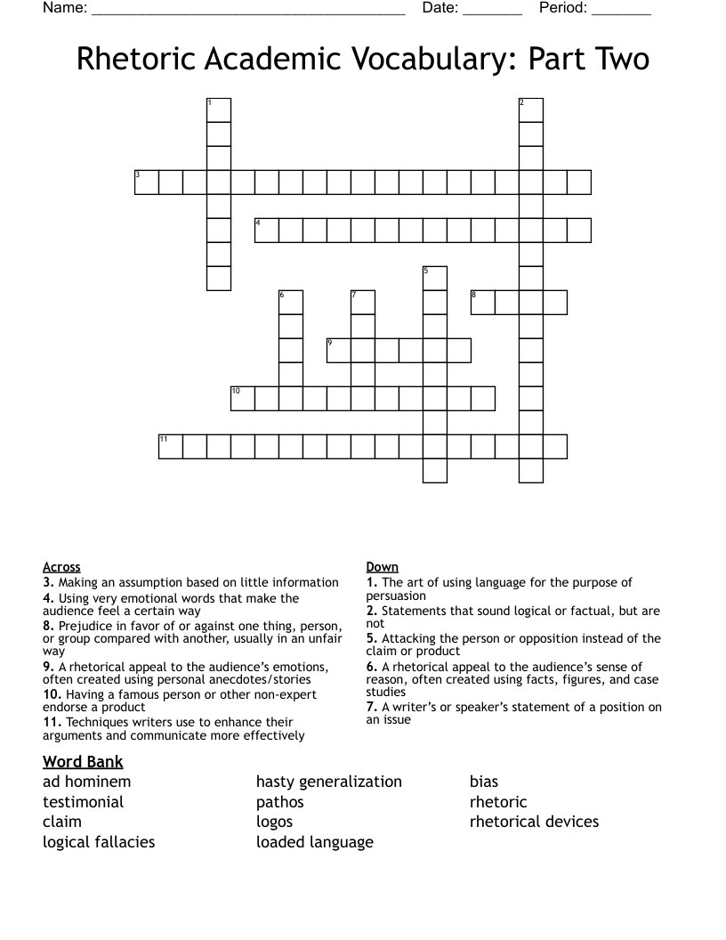 Rhetoric Academic Vocabulary: Part Two Crossword