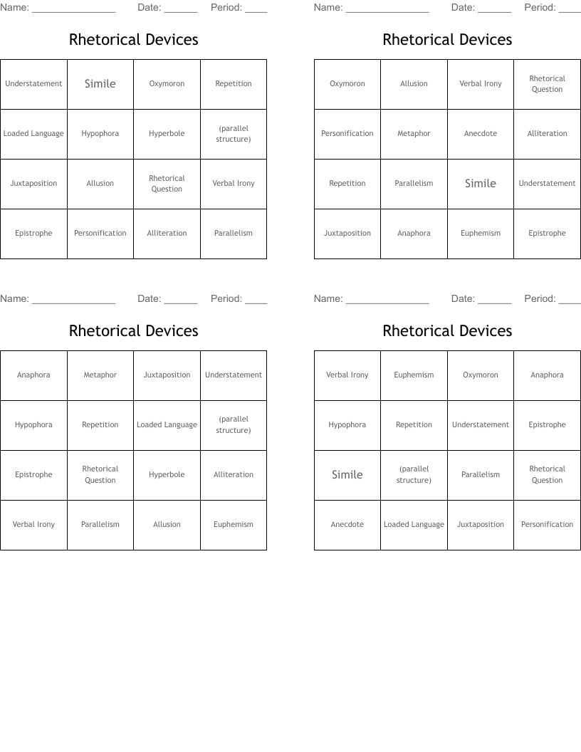 Rhetorical Devices Bingo Cards