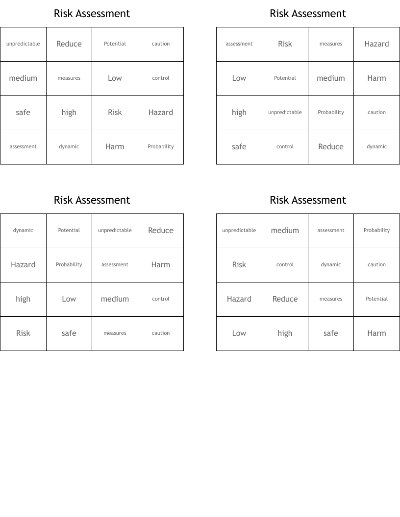 Risk Assessment  Bingo Cards