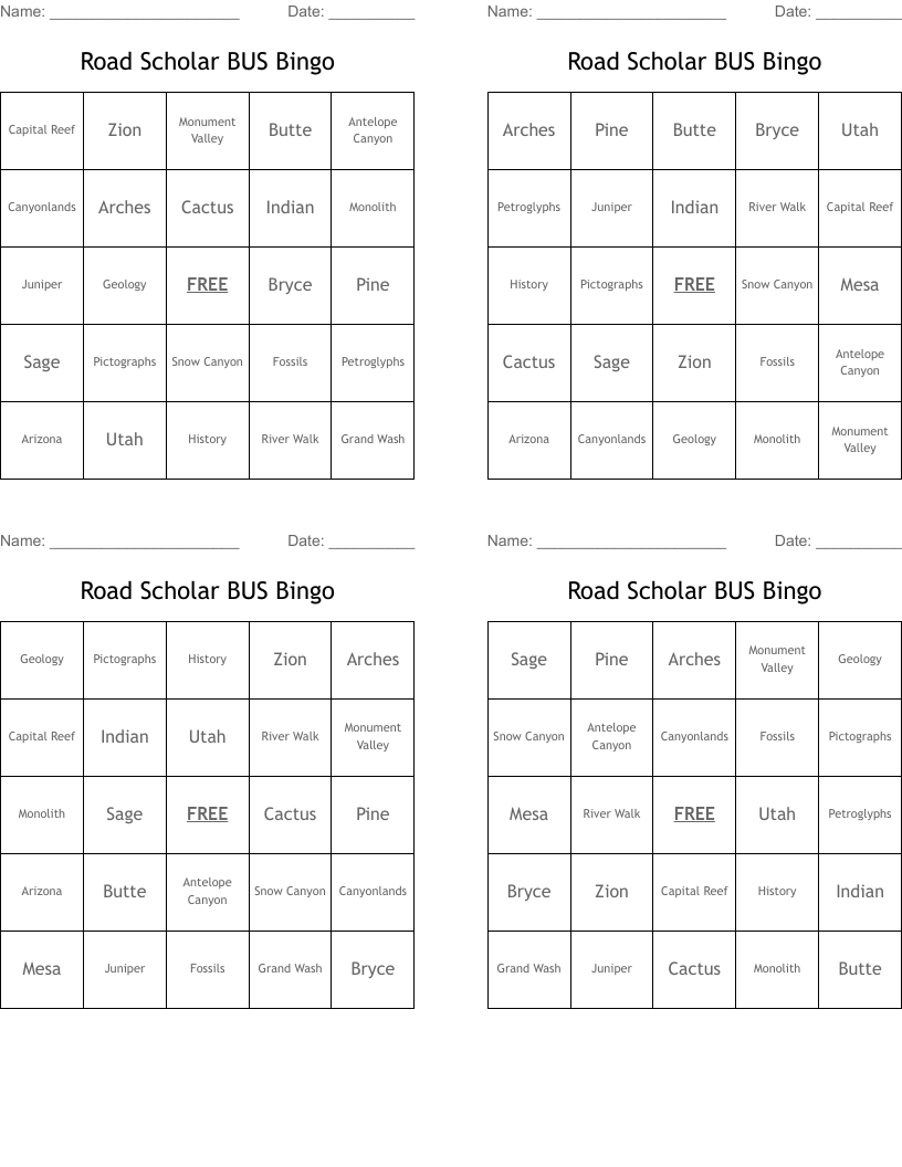 Road Scholar BUS  Bingo