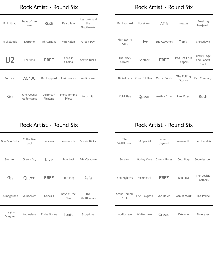 Rock Artist - Round Six Bingo Cards