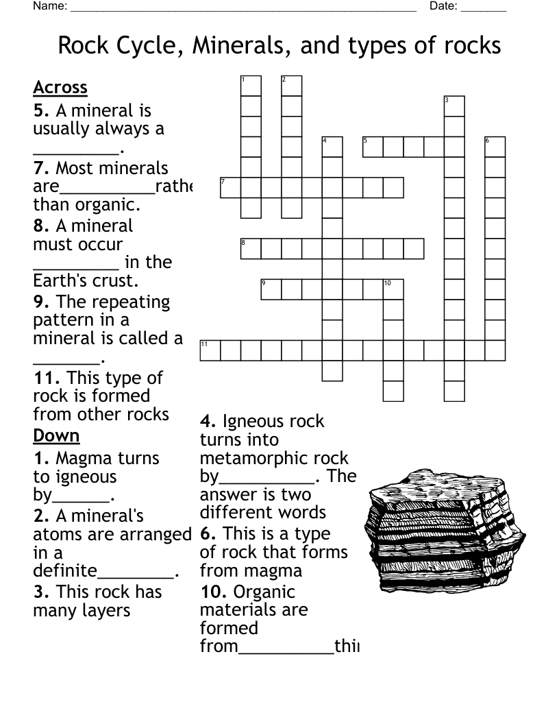 Rock Cycle, Minerals, and types of rocks Crossword