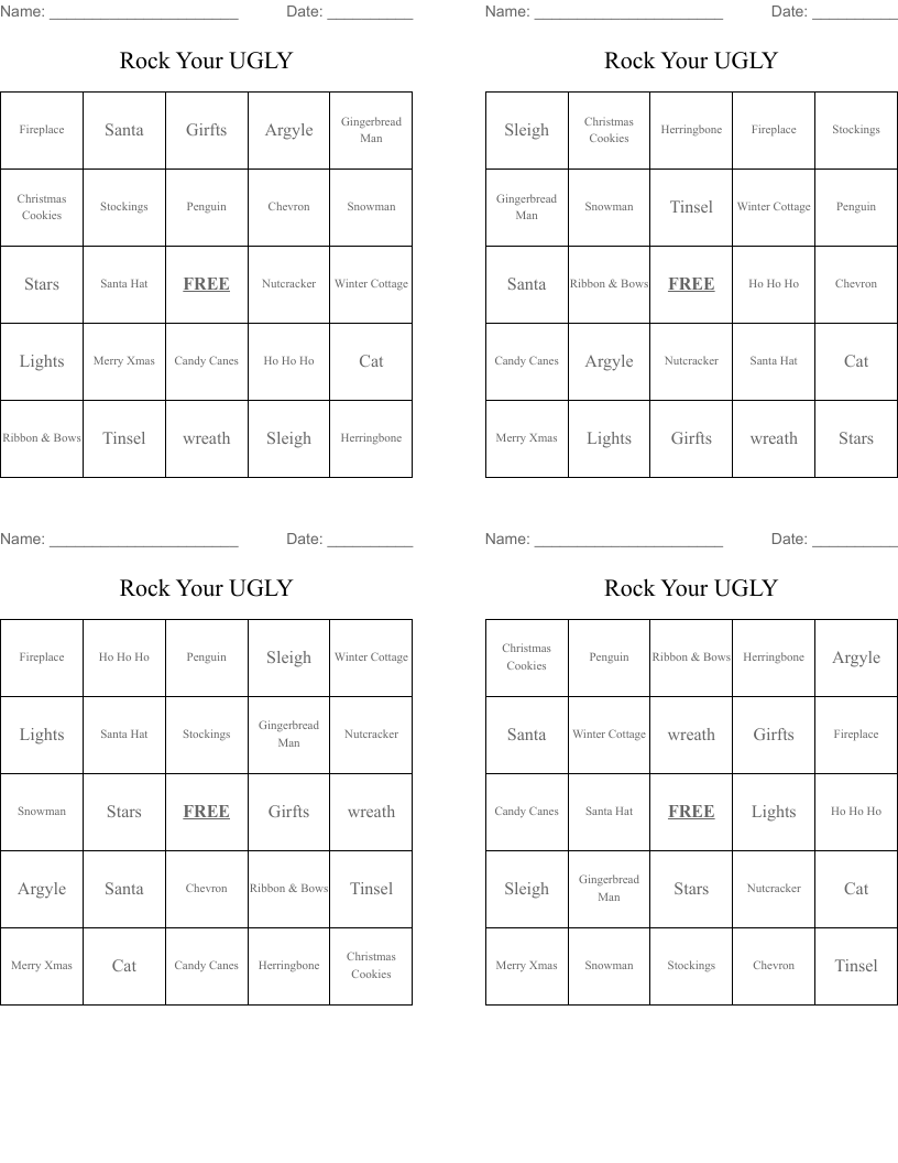 Rock Your UGLY Bingo Cards