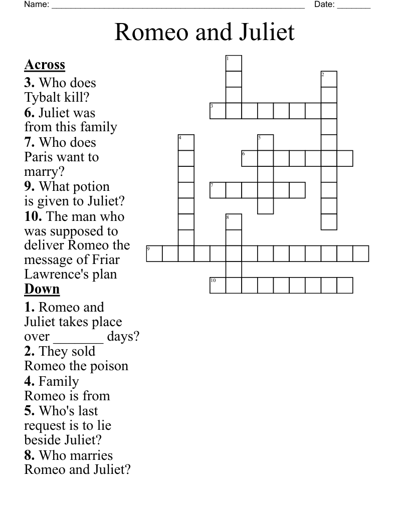 Romeo and Juliet  Crossword
