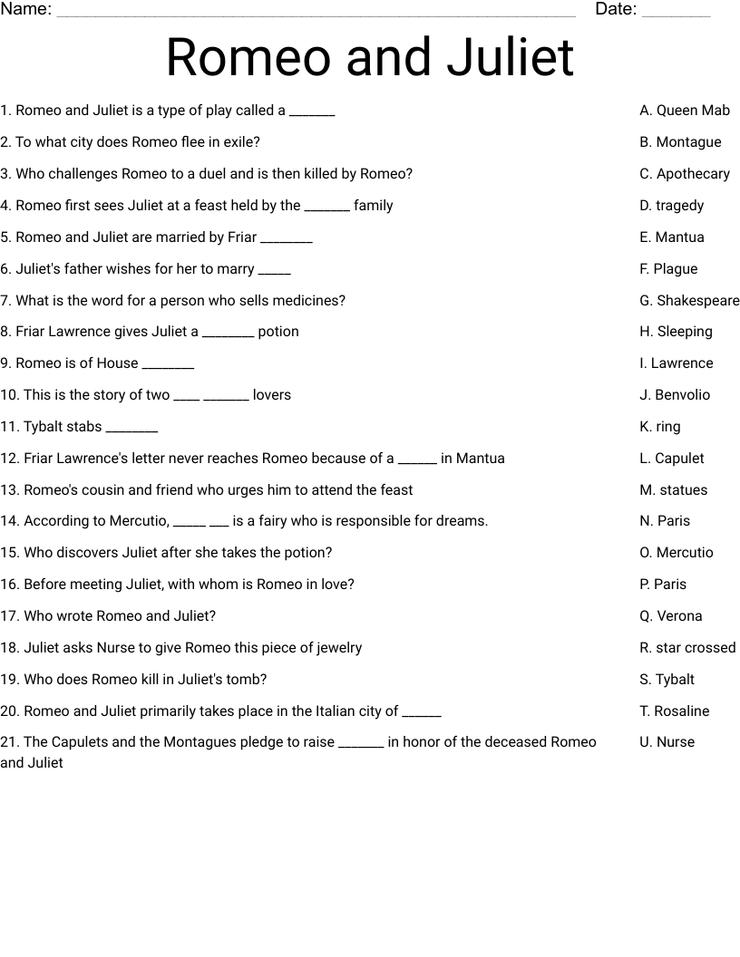 Romeo and Juliet Worksheet