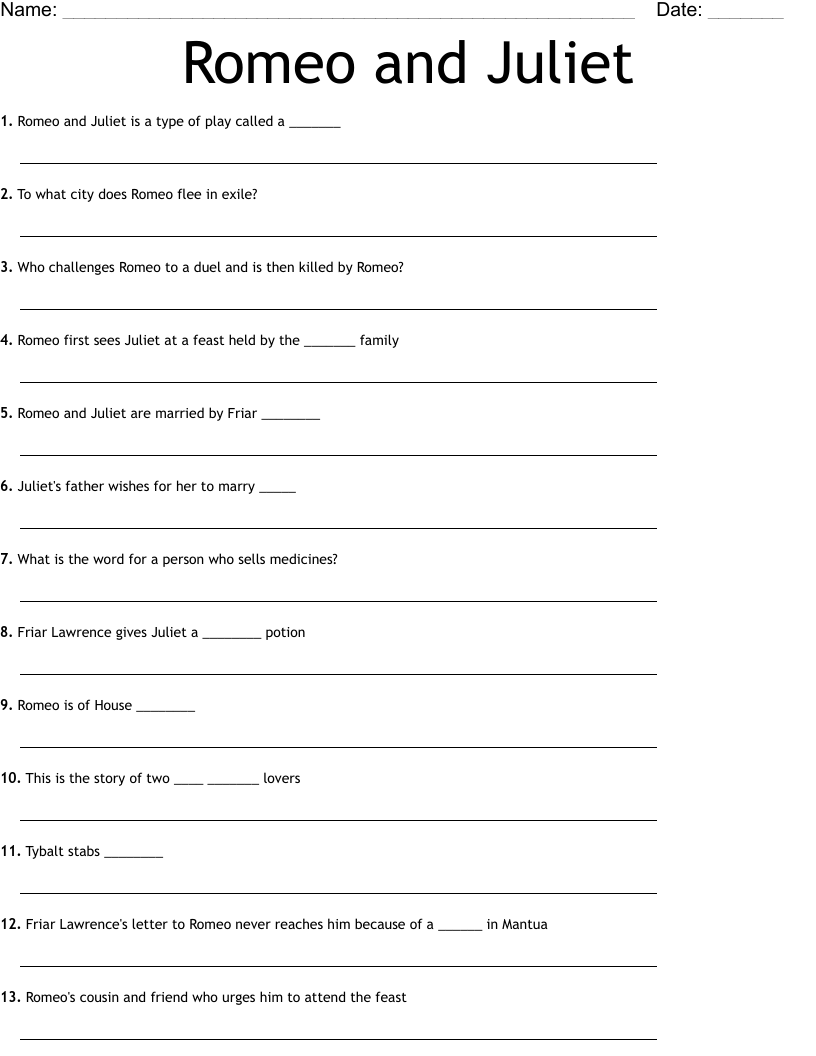 Romeo and Juliet Worksheet