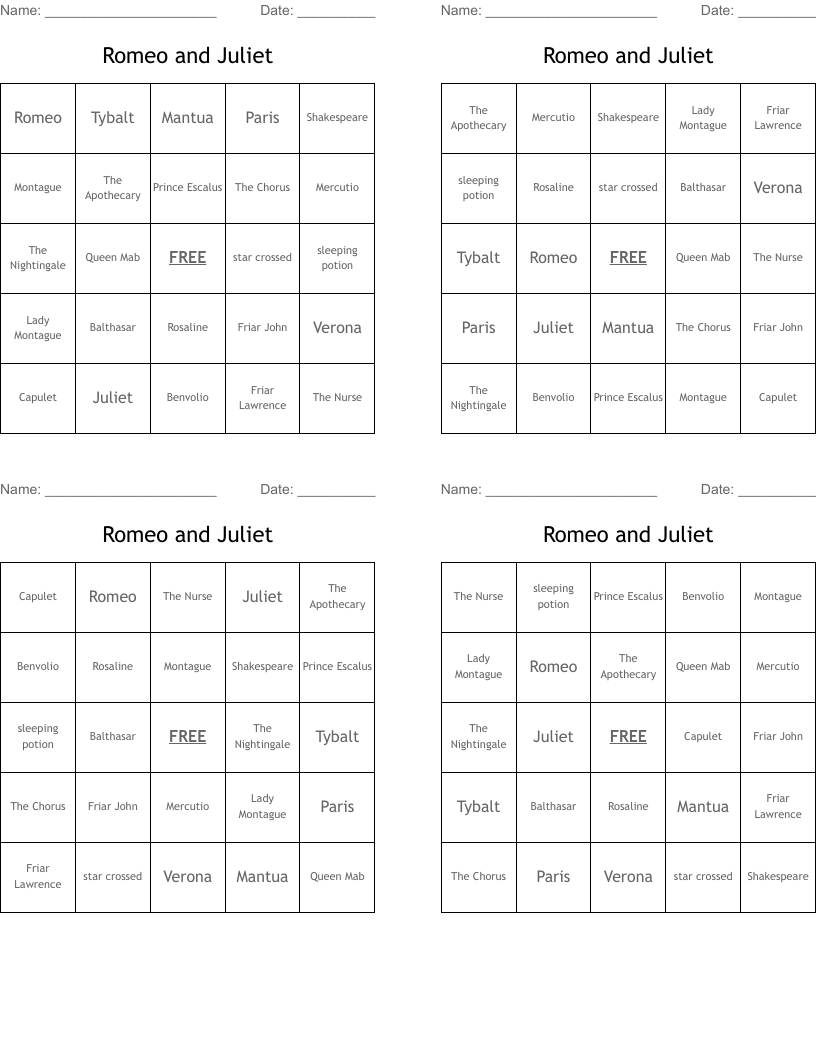 Romeo and Juliet Bingo Cards