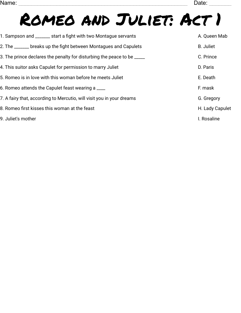 Romeo and Juliet: Act 1 Worksheet